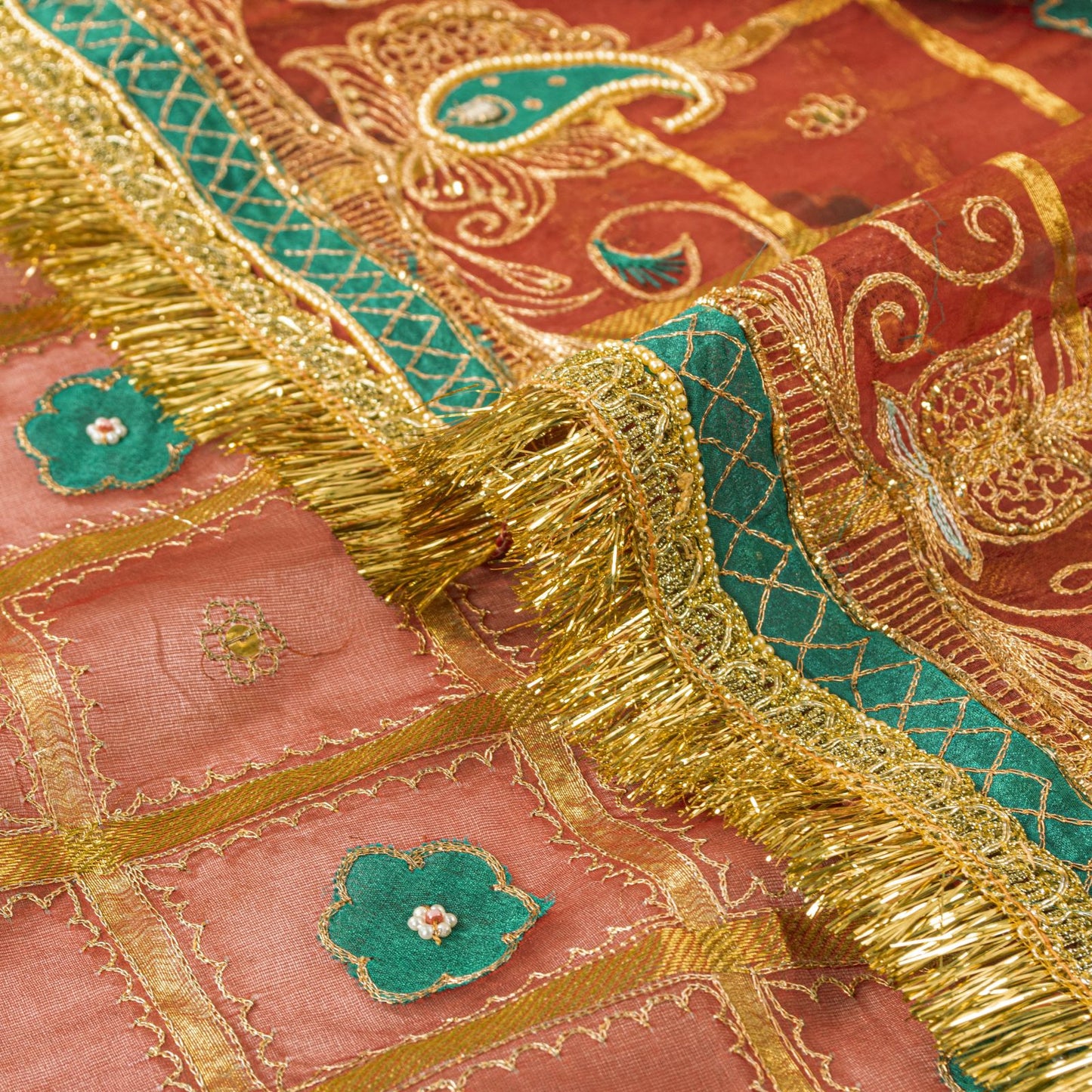 Sanskriti Vintage Dupatta/Stole Red Pure Silk Hand Embroidered Zari-Patch Veil