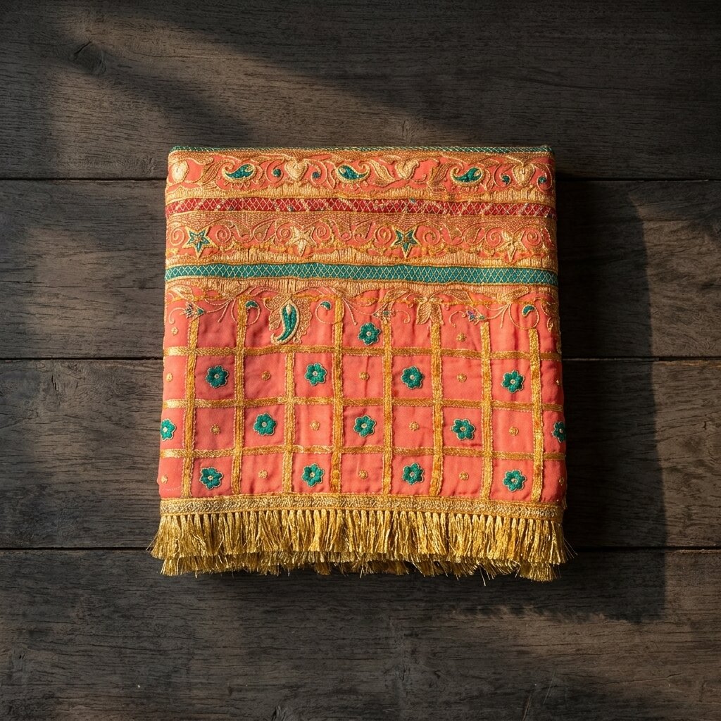 Sanskriti Vintage Dupatta/Stole Red Pure Silk Hand Embroidered Zari-Patch Veil