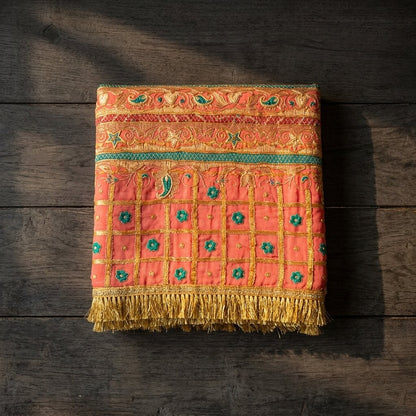 Sanskriti Vintage Dupatta/Stole Red Pure Silk Hand Embroidered Zari-Patch Veil
