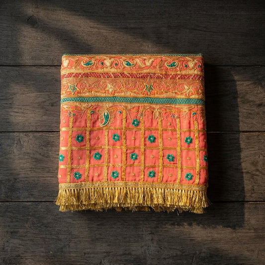 Sanskriti Vintage Dupatta/Stole Red Pure Silk Hand Embroidered Zari-Patch Veil