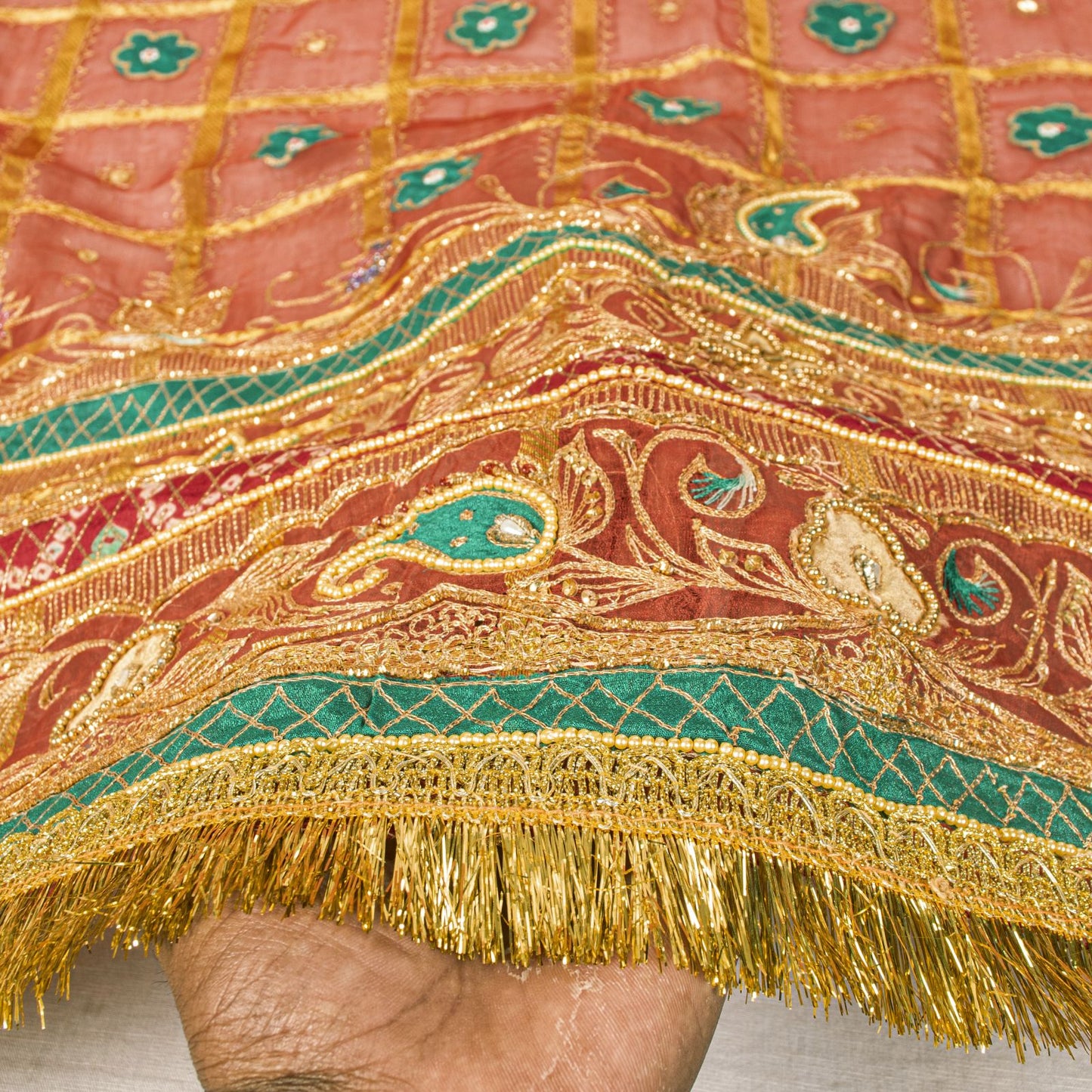 Sanskriti Vintage Dupatta/Stole Red Pure Silk Hand Embroidered Zari-Patch Veil