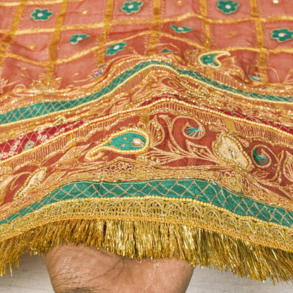 Sanskriti Vintage Dupatta/Stole Red Pure Silk Hand Embroidered Zari-Patch Veil