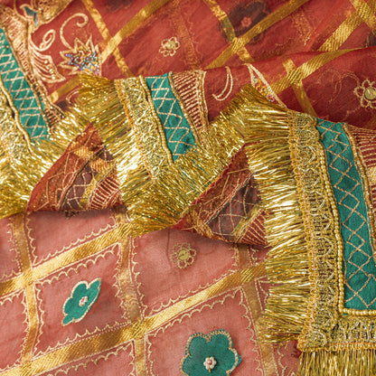 Sanskriti Vintage Dupatta/Stole Red Pure Silk Hand Embroidered Zari-Patch Veil