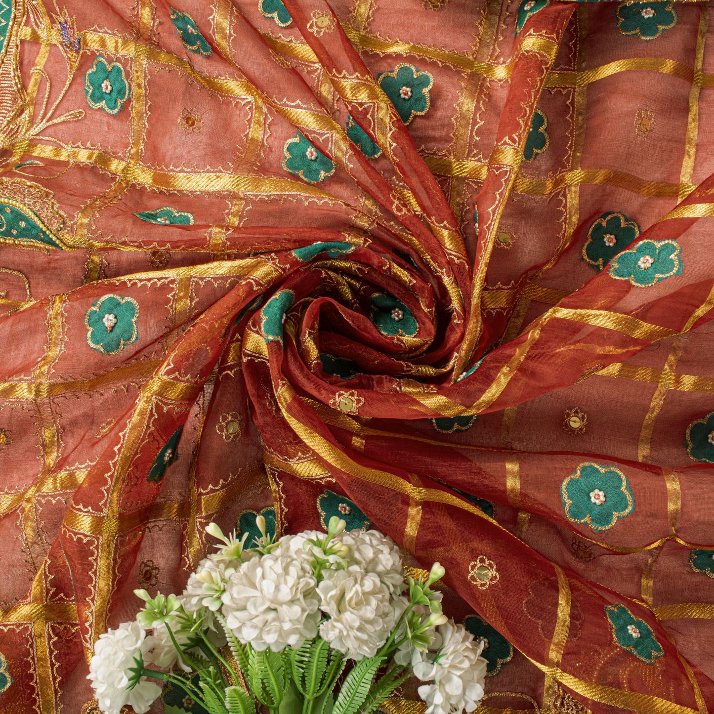 Sanskriti Vintage Dupatta/Stole Red Pure Silk Hand Embroidered Zari-Patch Veil