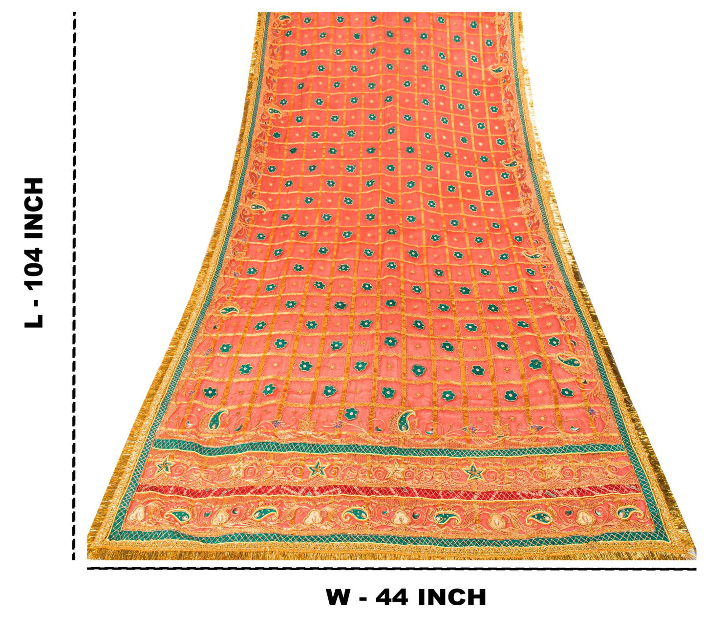 Sanskriti Vintage Dupatta/Stole Red Pure Silk Hand Embroidered Zari-Patch Veil