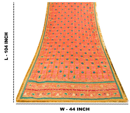 Sanskriti Vintage Dupatta/Stole Red Pure Silk Hand Embroidered Zari-Patch Veil
