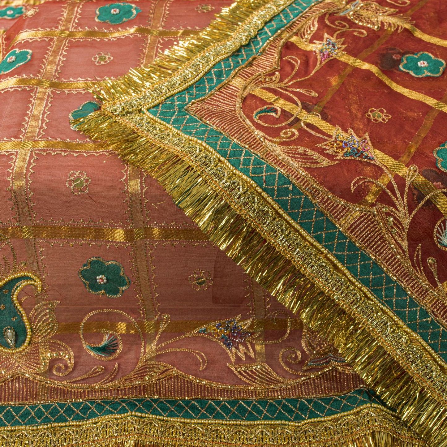 Sanskriti Vintage Dupatta/Stole Red Pure Silk Hand Embroidered Zari-Patch Veil