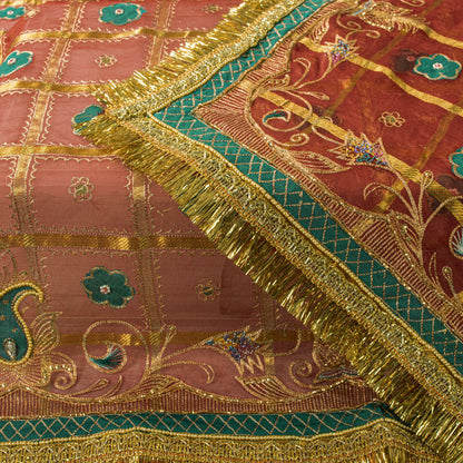 Sanskriti Vintage Dupatta/Stole Red Pure Silk Hand Embroidered Zari-Patch Veil