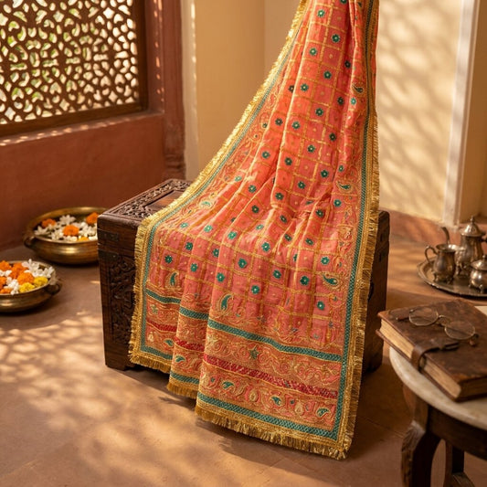 Sanskriti Vintage Dupatta/Stole Red Pure Silk Hand Embroidered Zari-Patch Veil