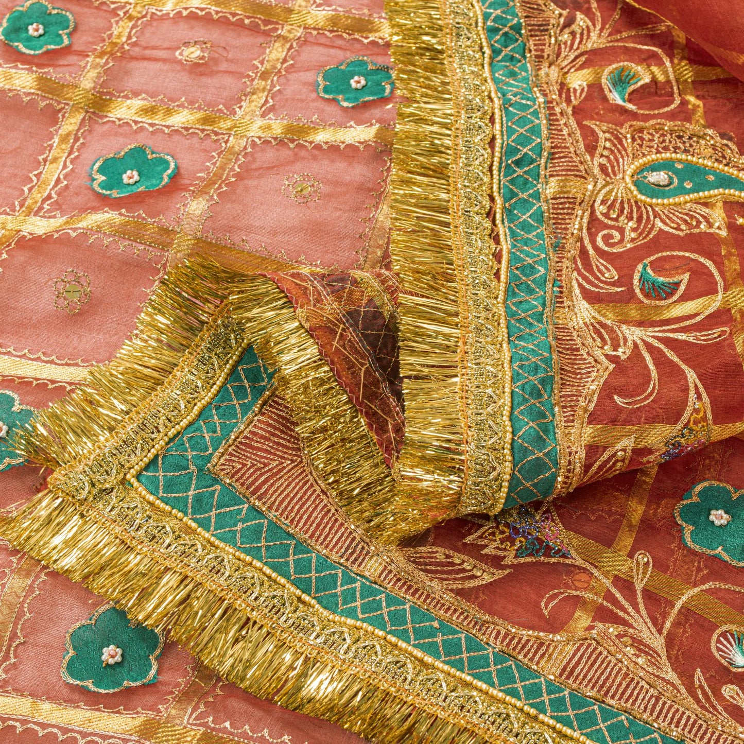 Sanskriti Vintage Dupatta/Stole Red Pure Silk Hand Embroidered Zari-Patch Veil