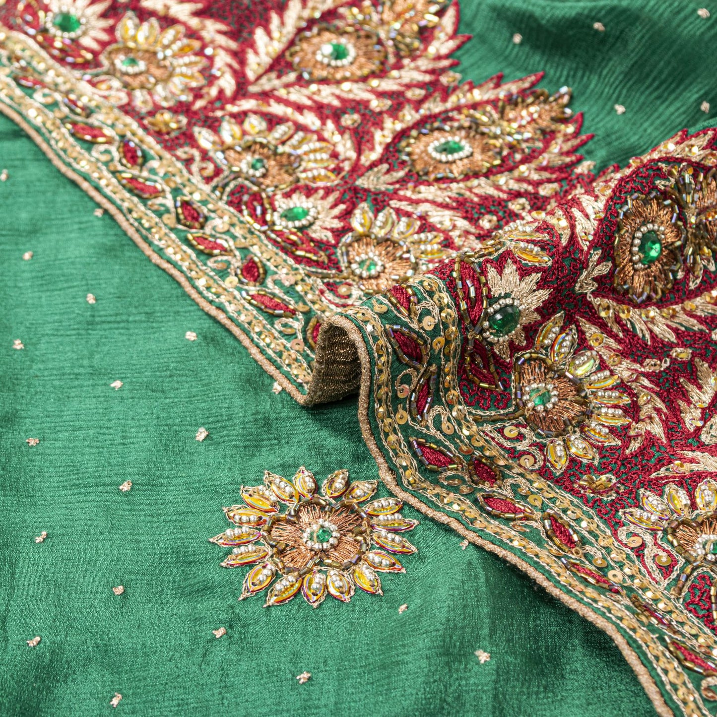 Sanskriti Vintage Green Pure Chiffon Silk Dupatta/Stole Hand Beaded Neck Veil