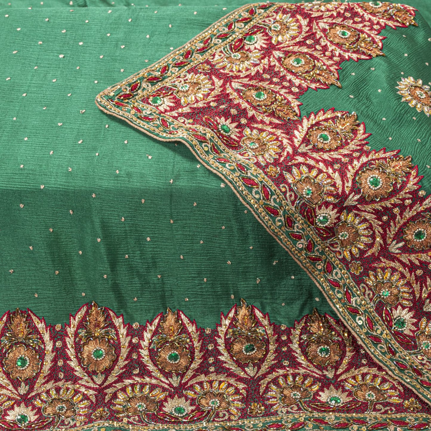 Sanskriti Vintage Green Pure Chiffon Silk Dupatta/Stole Hand Beaded Neck Veil
