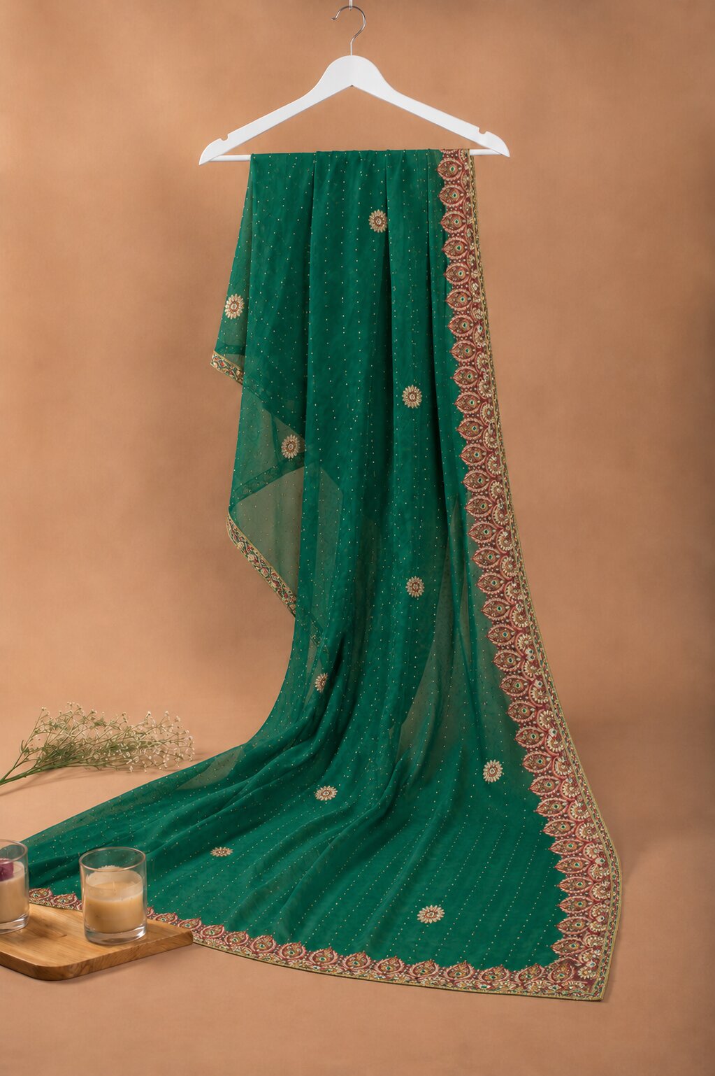 Sanskriti Vintage Green Pure Chiffon Silk Dupatta/Stole Hand Beaded Neck Veil