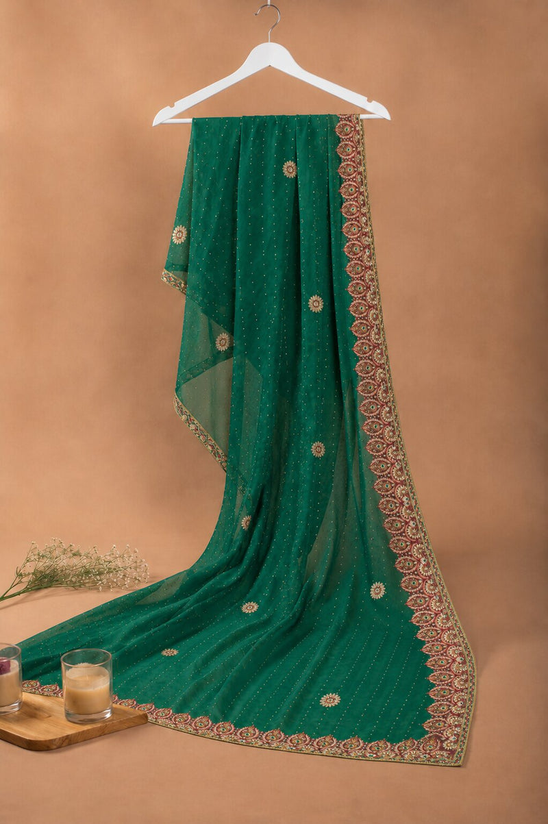 Sanskriti Vintage Green Pure Chiffon Silk Dupatta/Stole Hand Beaded Neck Veil