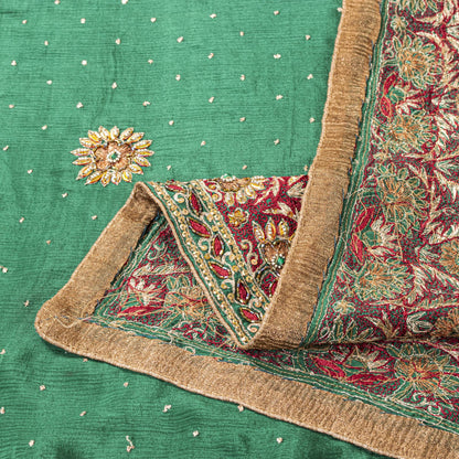 Sanskriti Vintage Green Pure Chiffon Silk Dupatta/Stole Hand Beaded Neck Veil