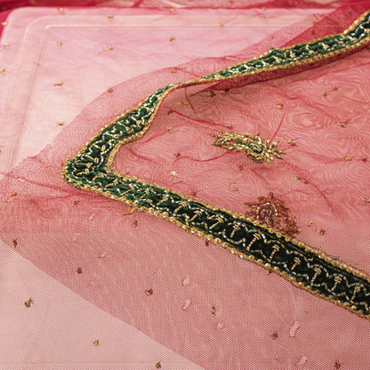 Sanskriti Vintage Red Net Dupatta/Stole Hand Embroidery Zardozi Dabka Wrap Veil