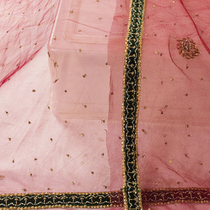Sanskriti Vintage Red Net Dupatta/Stole Hand Embroidery Zardozi Dabka Wrap Veil