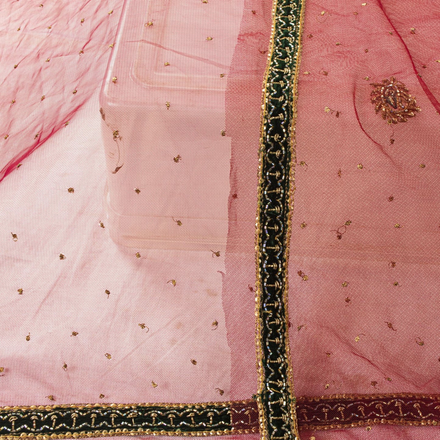 Sanskriti Vintage Red Net Dupatta/Stole Hand Embroidery Zardozi Dabka Wrap Veil