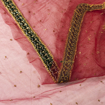 Sanskriti Vintage Red Net Dupatta/Stole Hand Embroidery Zardozi Dabka Wrap Veil