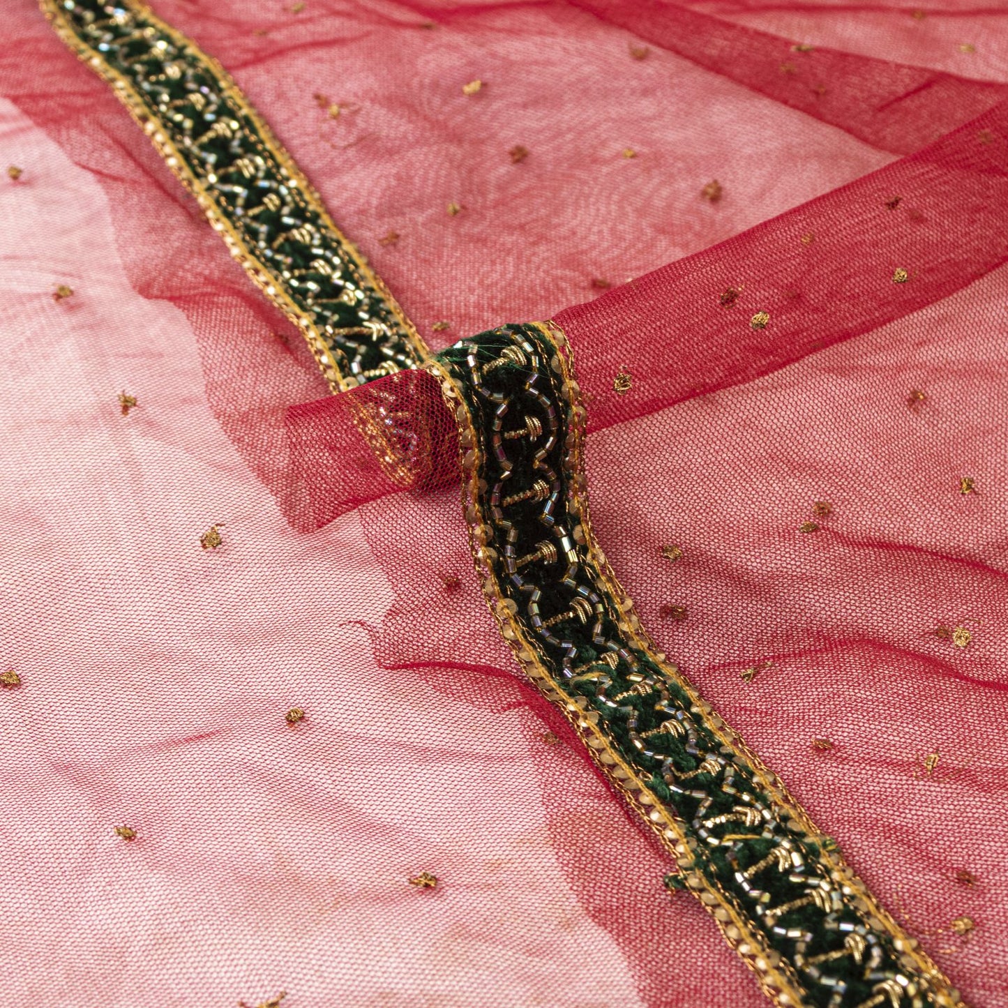 Sanskriti Vintage Red Net Dupatta/Stole Hand Embroidery Zardozi Dabka Wrap Veil