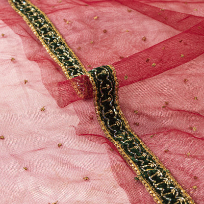 Sanskriti Vintage Red Net Dupatta/Stole Hand Embroidery Zardozi Dabka Wrap Veil