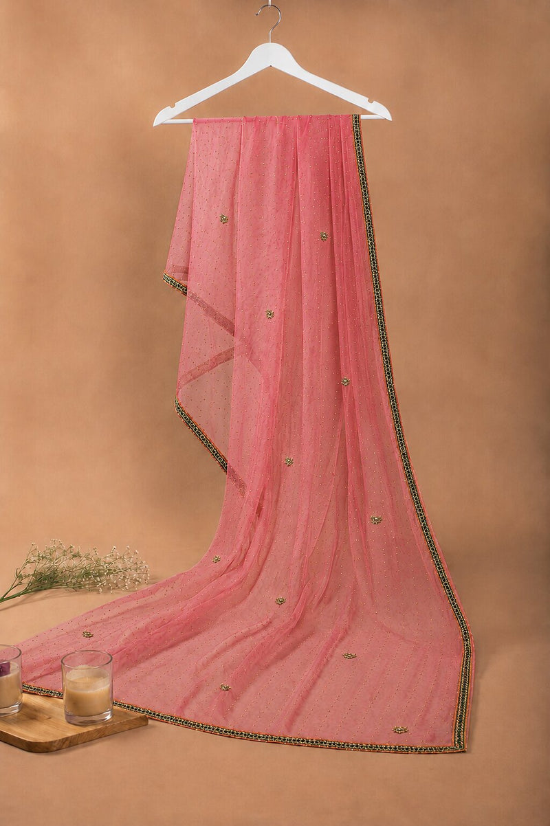 Sanskriti Vintage Red Net Dupatta/Stole Hand Embroidery Zardozi Dabka Wrap Veil