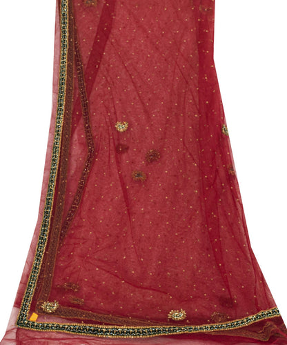 Sanskriti Vintage Red Net Dupatta/Stole Hand Embroidery Zardozi Dabka Wrap Veil