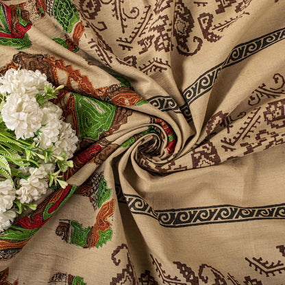 Sanskriti Vintage Beige Pure Cotton Dupatta/Stole Patola Hand Block-Embroidered