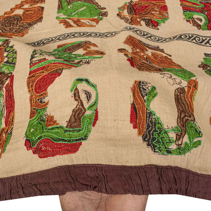 Sanskriti Vintage Beige Pure Cotton Dupatta/Stole Patola Hand Block-Embroidered