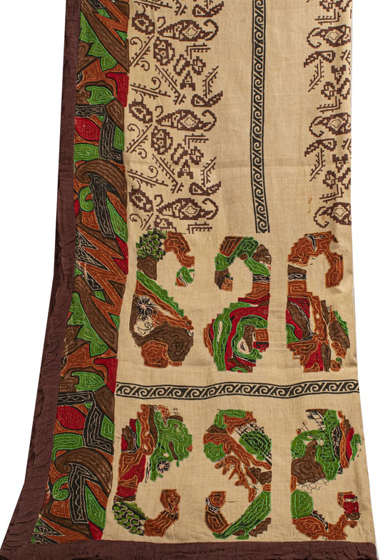 Sanskriti Vintage Beige Pure Cotton Dupatta/Stole Patola Hand Block-Embroidered