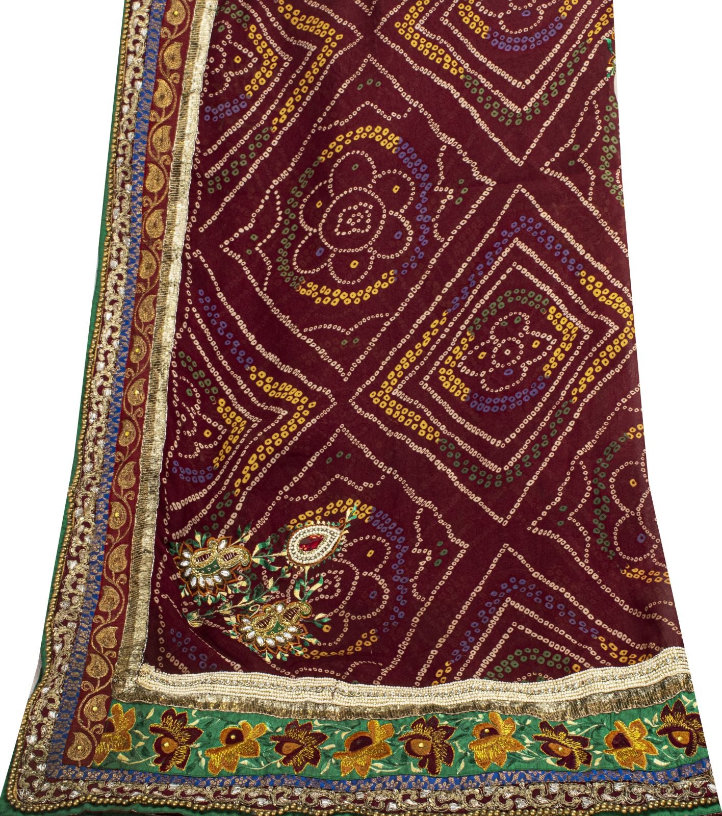 Sanskriti Vintage Red Georgette Dupatta/Stole Hand Embroidery Lace Bandhani Veil