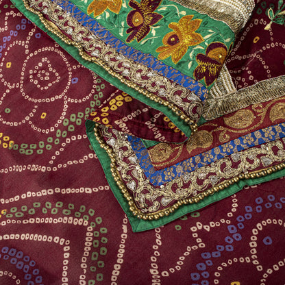 Sanskriti Vintage Red Georgette Dupatta/Stole Hand Embroidery Lace Bandhani Veil