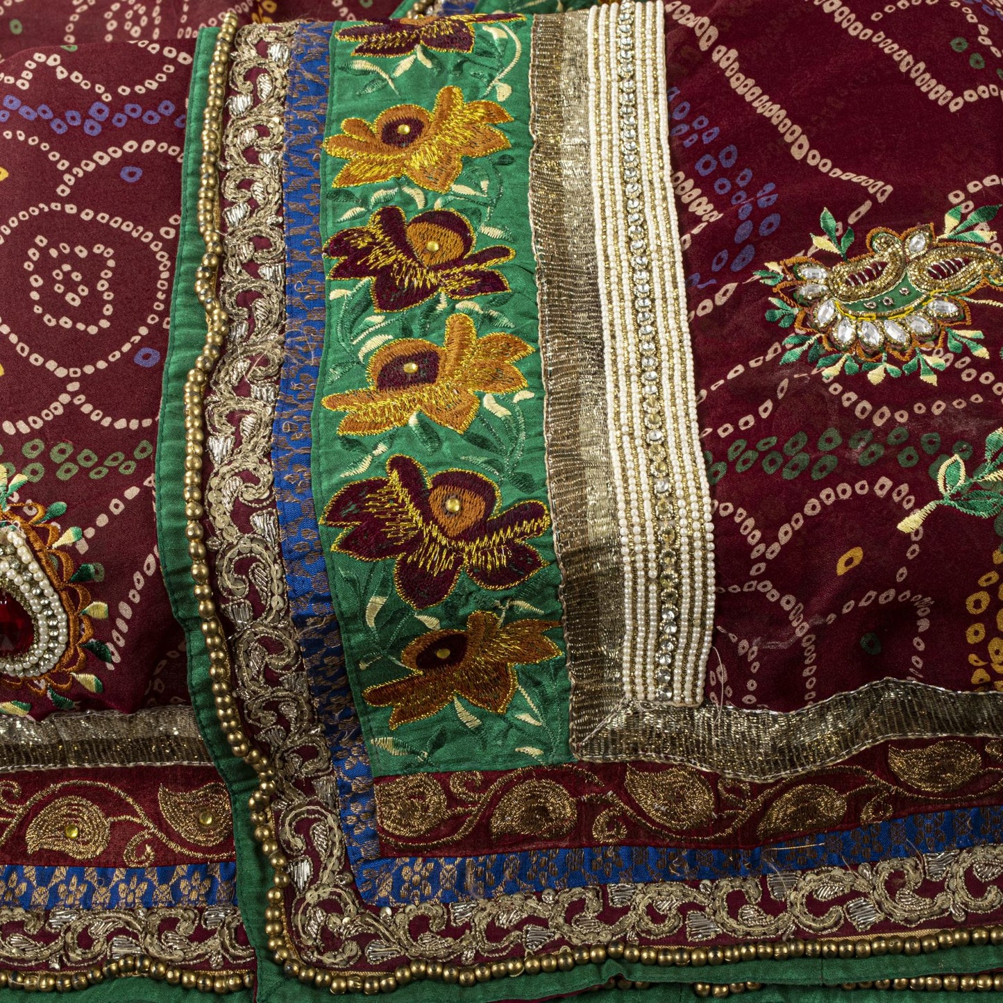 Sanskriti Vintage Red Georgette Dupatta/Stole Hand Embroidery Lace Bandhani Veil