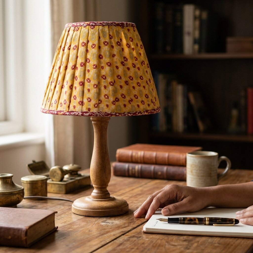 Sanskriti Handmade Yellow Pure Crepe Vintage Sari upcycled Gathered/Pleated Lamp