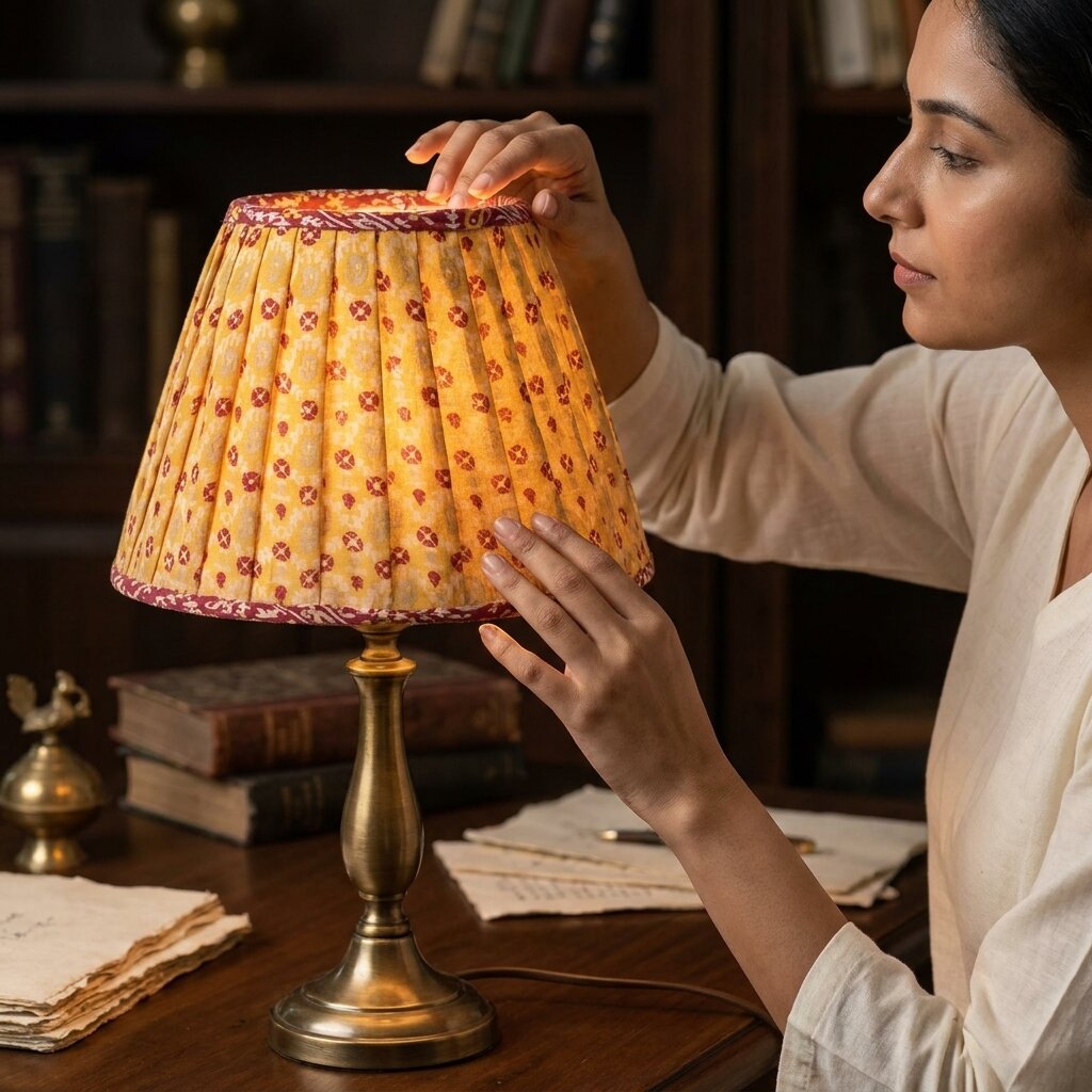 Sanskriti Handmade Yellow Pure Crepe Vintage Sari upcycled Gathered/Pleated Lamp
