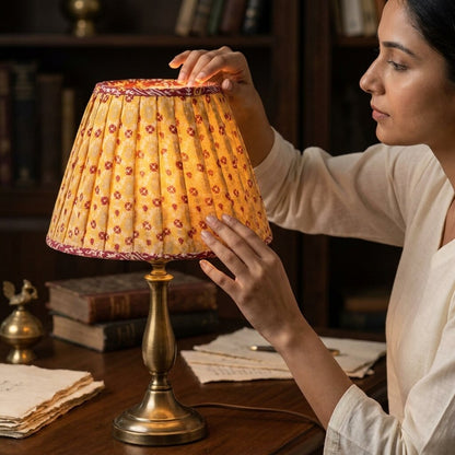 Sanskriti Handmade Yellow Pure Crepe Vintage Sari upcycled Gathered/Pleated Lamp