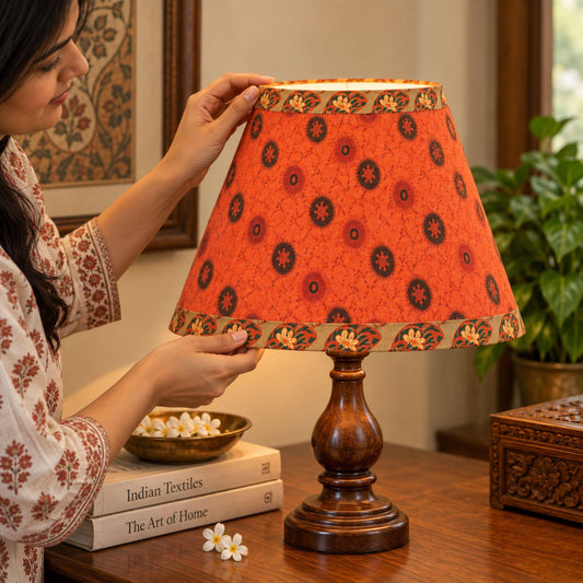 Sanskriti Handmade Orange Cotton Upcycled Saree Fabric Pleated Lampshade | Boho Home Decor