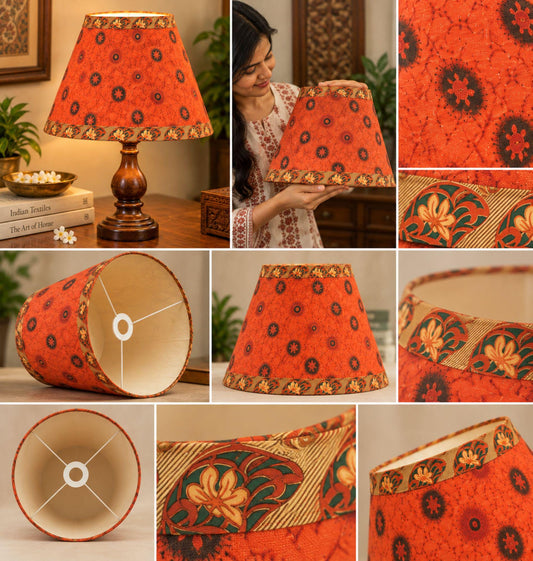 Sanskriti Handmade Orange Cotton Upcycled Saree Fabric Pleated Lampshade | Boho Home Decor