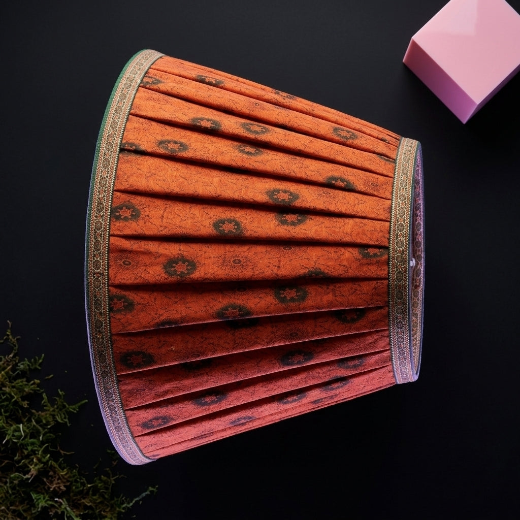 Sanskriti Handmade Orange Pure Cotton Vintage Sari Upcycle Gathered/Pleated Lamp