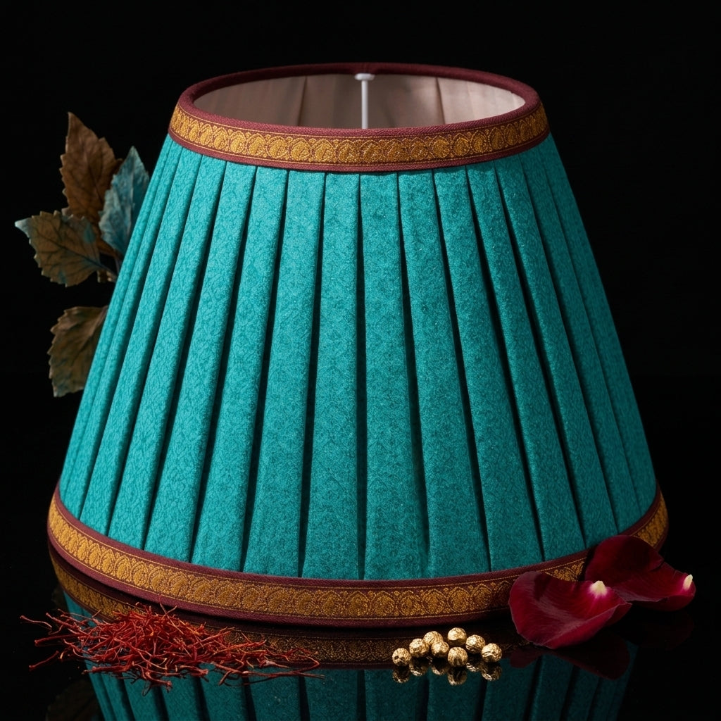 Sanskriti Handmade Blue Pure Cotton Vintage Sari Upcycled Gathered/Pleated Lamp
