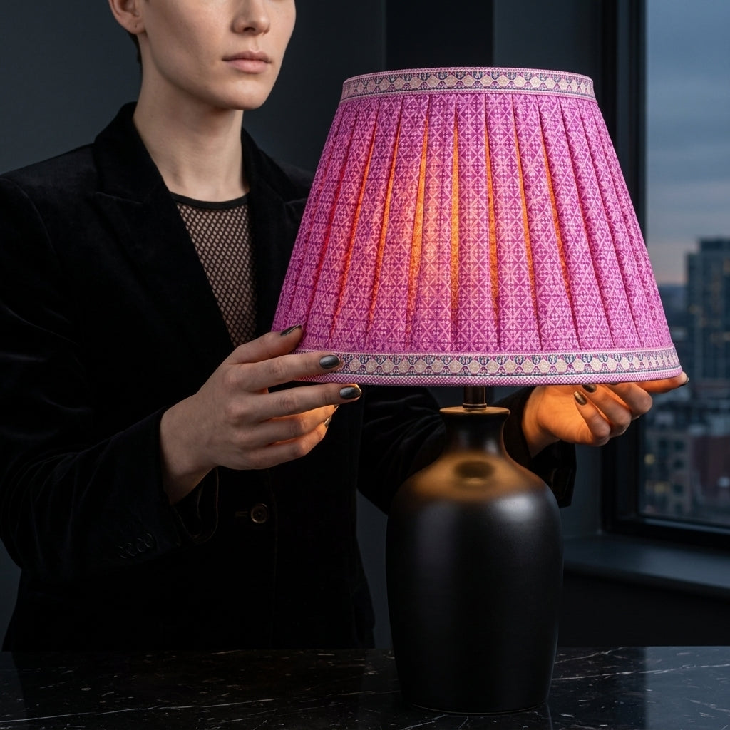 Sanskriti Handmade Lamp Pink Pure Cotton Vintage Sari Upcycled Gathered/Pleated