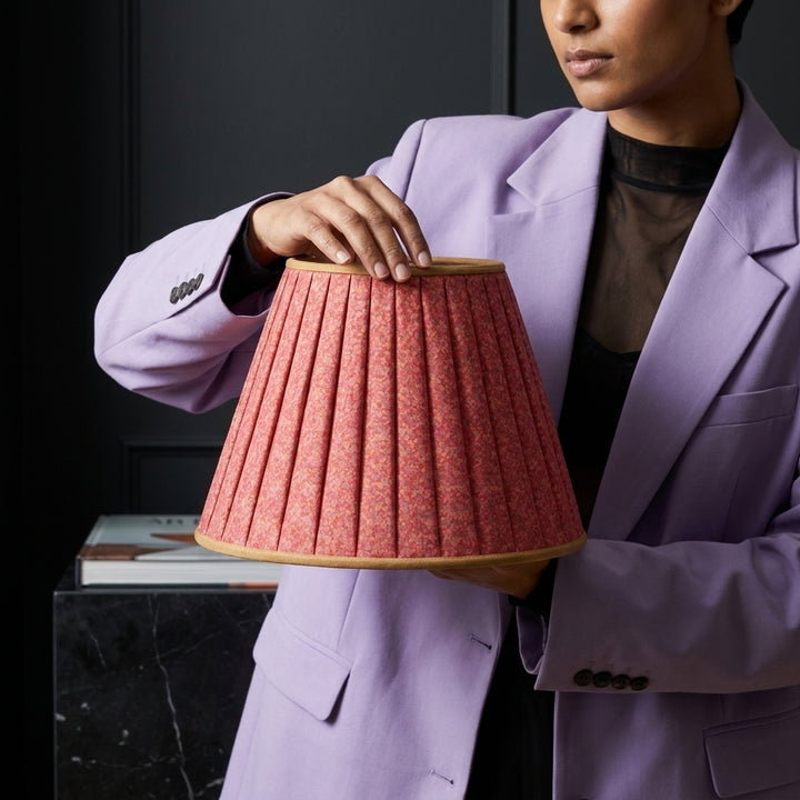 Sanskriti Handmade Lamp Red Pure Silk Vintage Sari Upcycled Gathered/Pleated