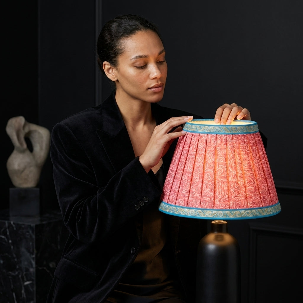 Sanskriti Handmade Lamp Pink Pure Silk Vintage Sari Upcycled Gathered/Pleated