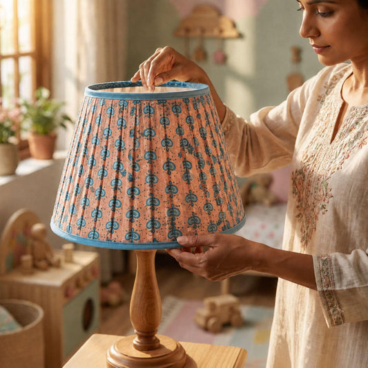 Sanskriti Handmade Peach Silk Upcycled Saree Fabric Pleated Lampshade | Boho Decor