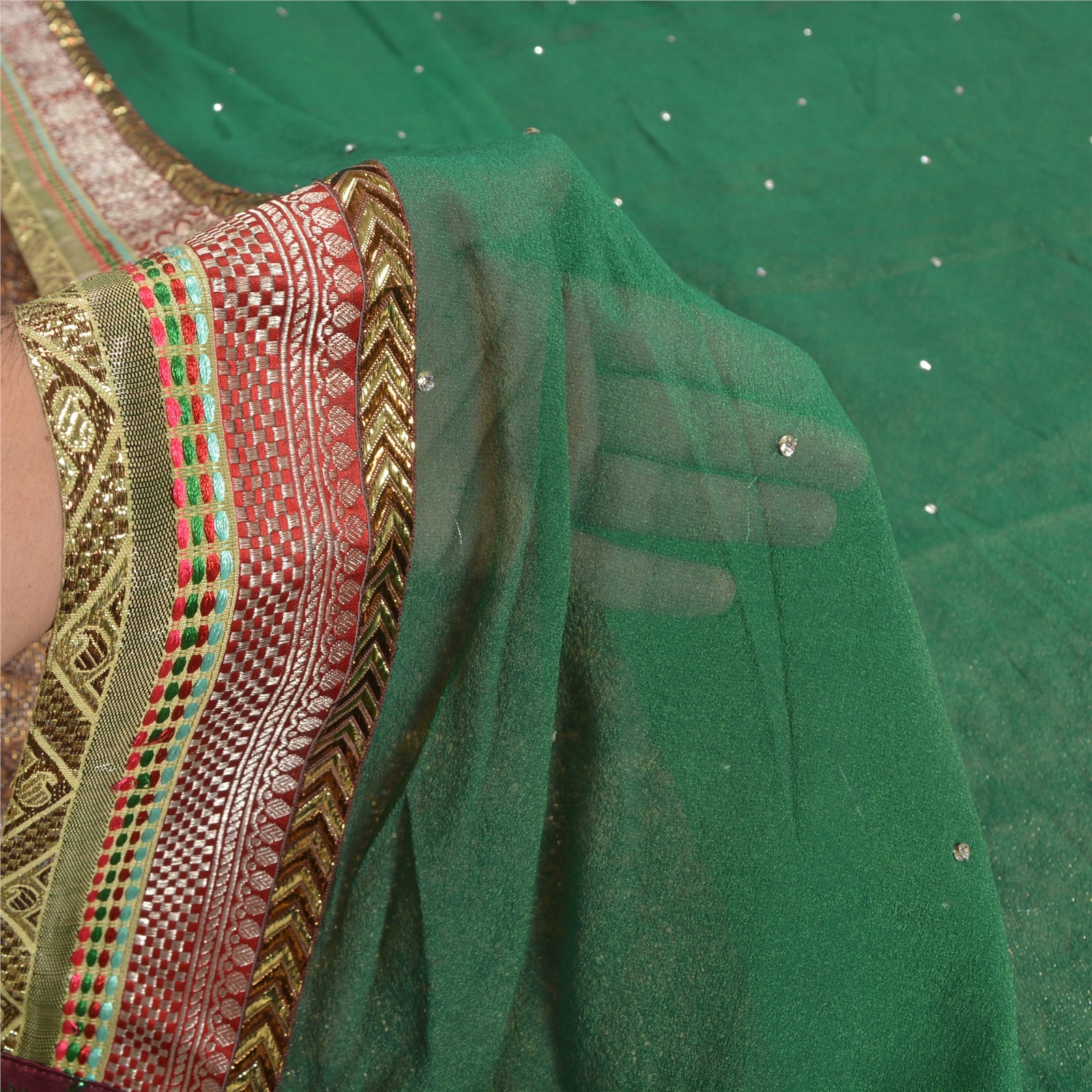 Sanskriti Vintage Indian Zircon Handmade Beaded Pure Georgette Silk Green Saree With Readymade Stitched Velvet Blouse For Women