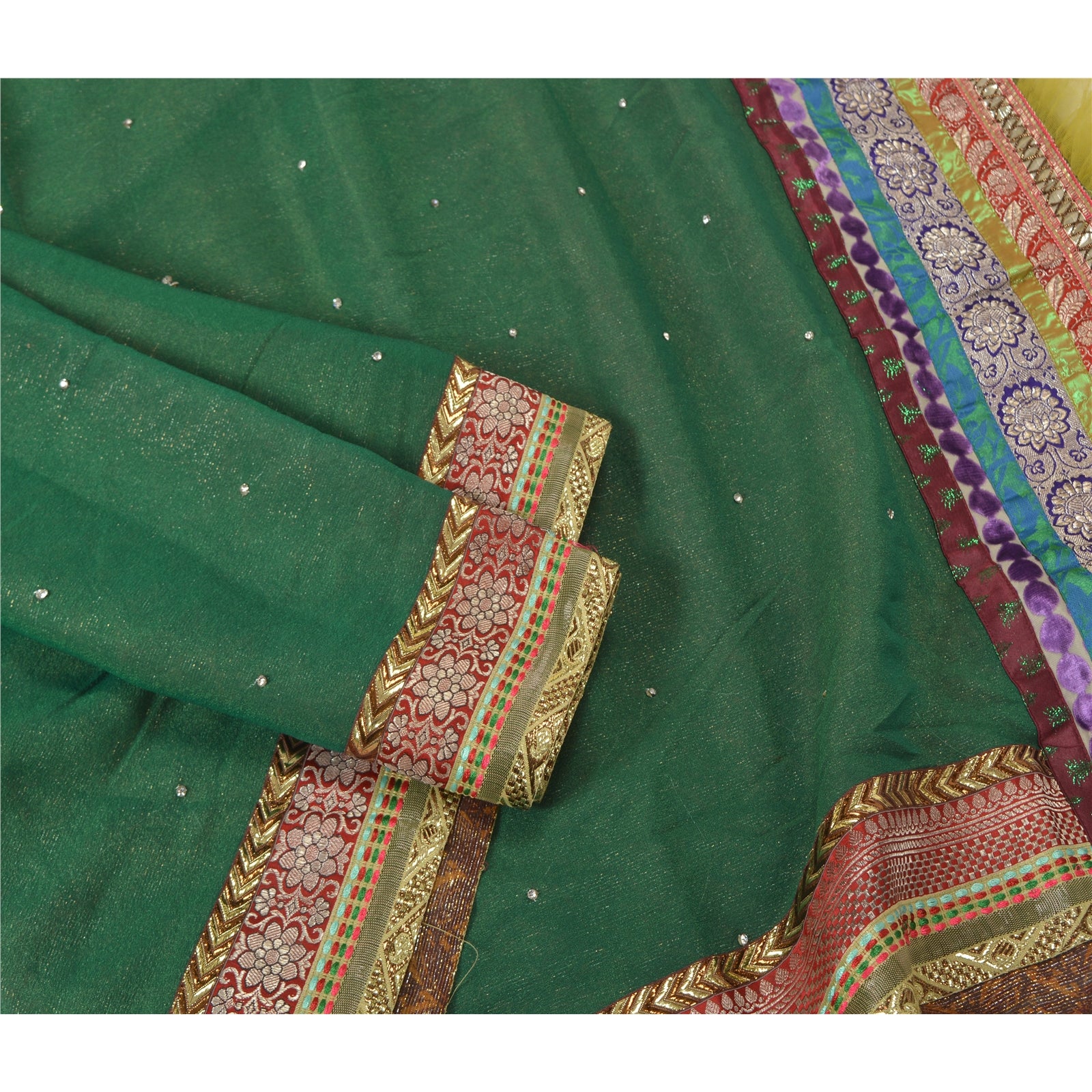 Sanskriti Vintage Indian Zircon Handmade Beaded Pure Georgette Silk Green Saree With Readymade Stitched Velvet Blouse For Women