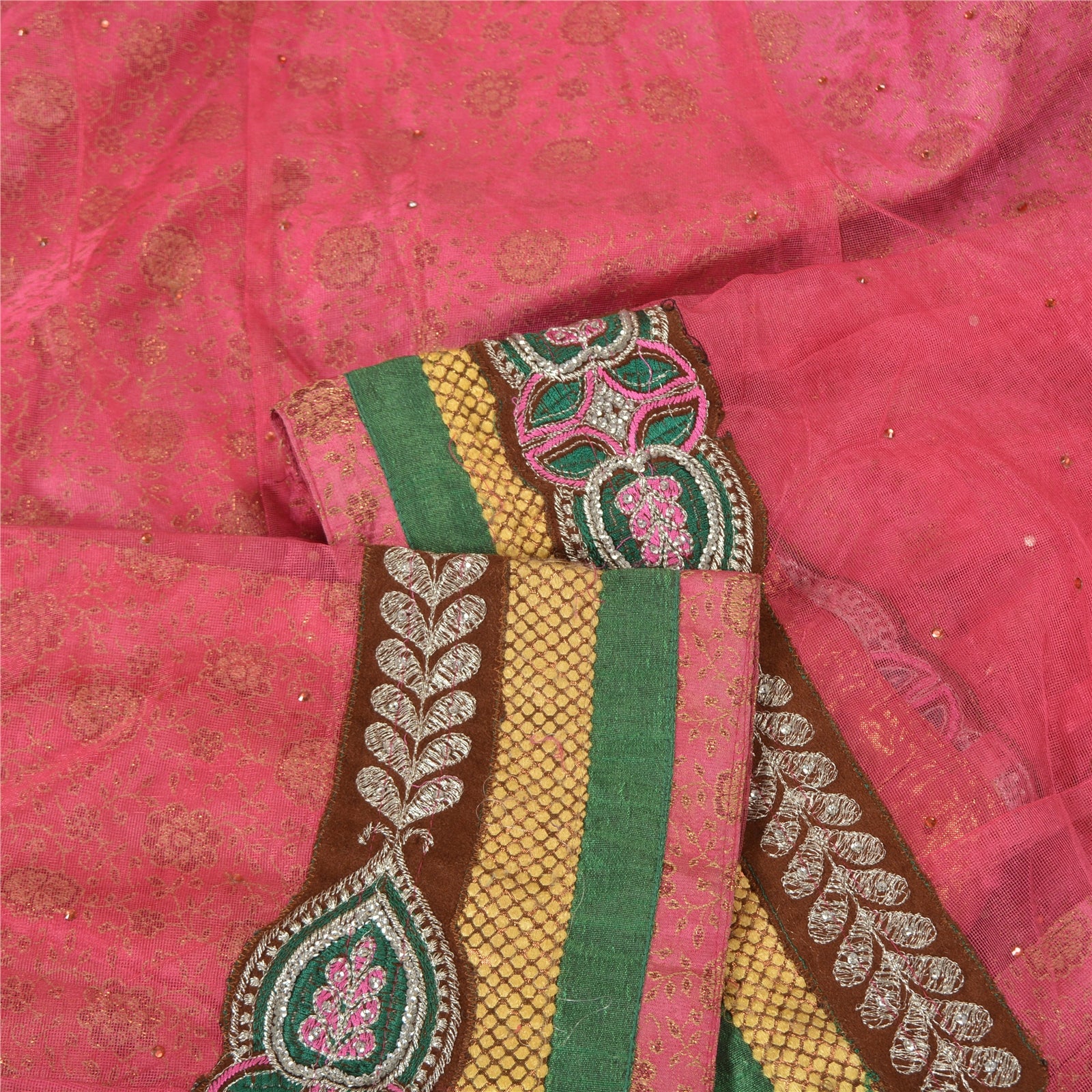 Sanskriti Vintage Lehenga Saree Blend Georgette Pink Sarees Hand Beaded Sequins Rhinestone Saree 5yd Craft Fabric