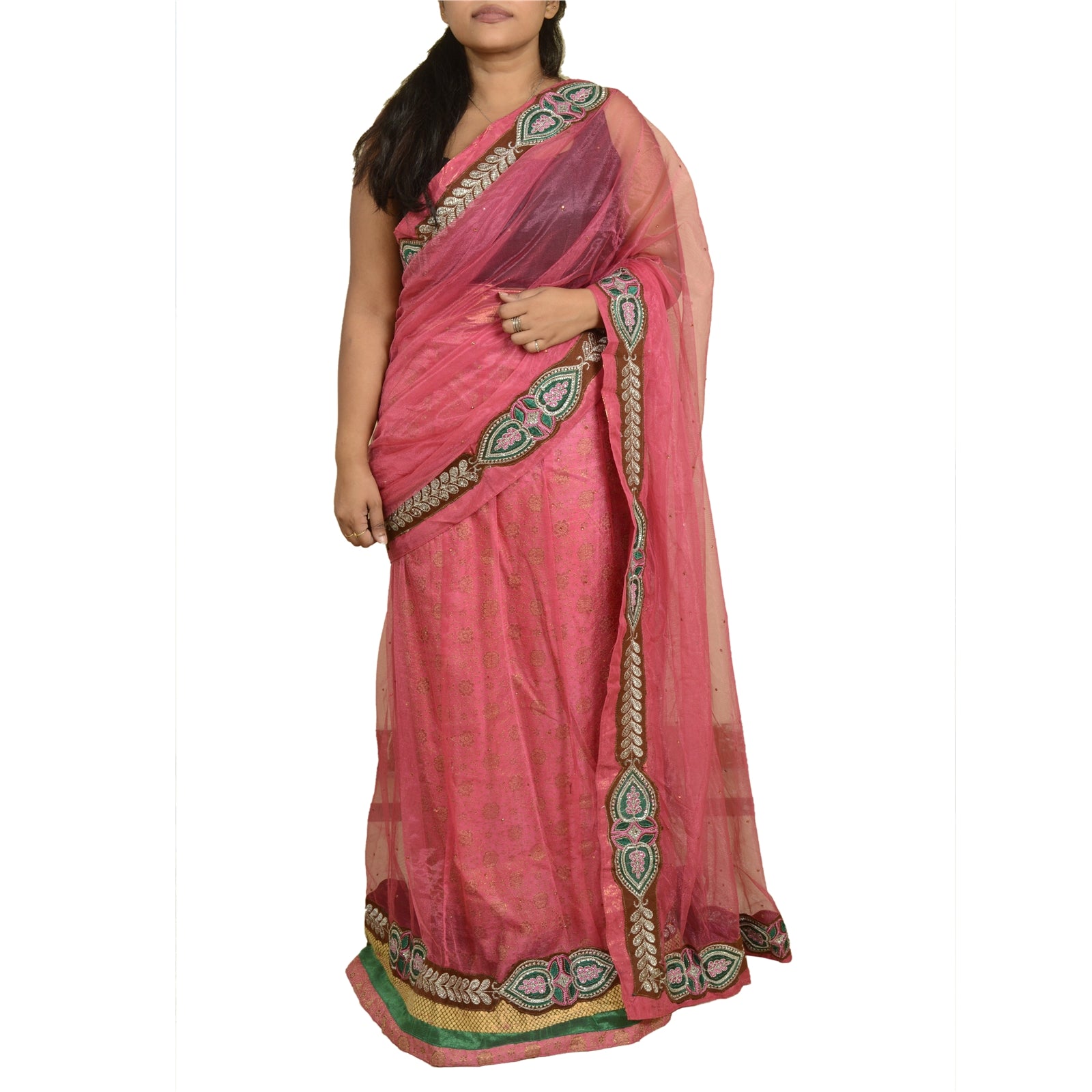 Sanskriti Vintage Lehenga Saree Blend Georgette Pink Sarees Hand Beaded Sequins Rhinestone Saree 5yd Craft Fabric