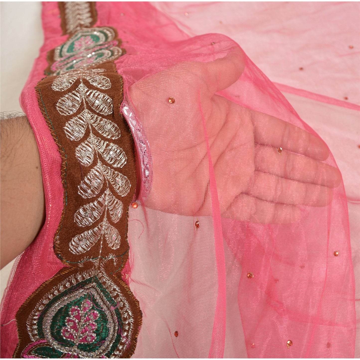 Sanskriti Vintage Pink Sarees Beaded Blend Georgette Sustainable Fabric Lehenga Sari