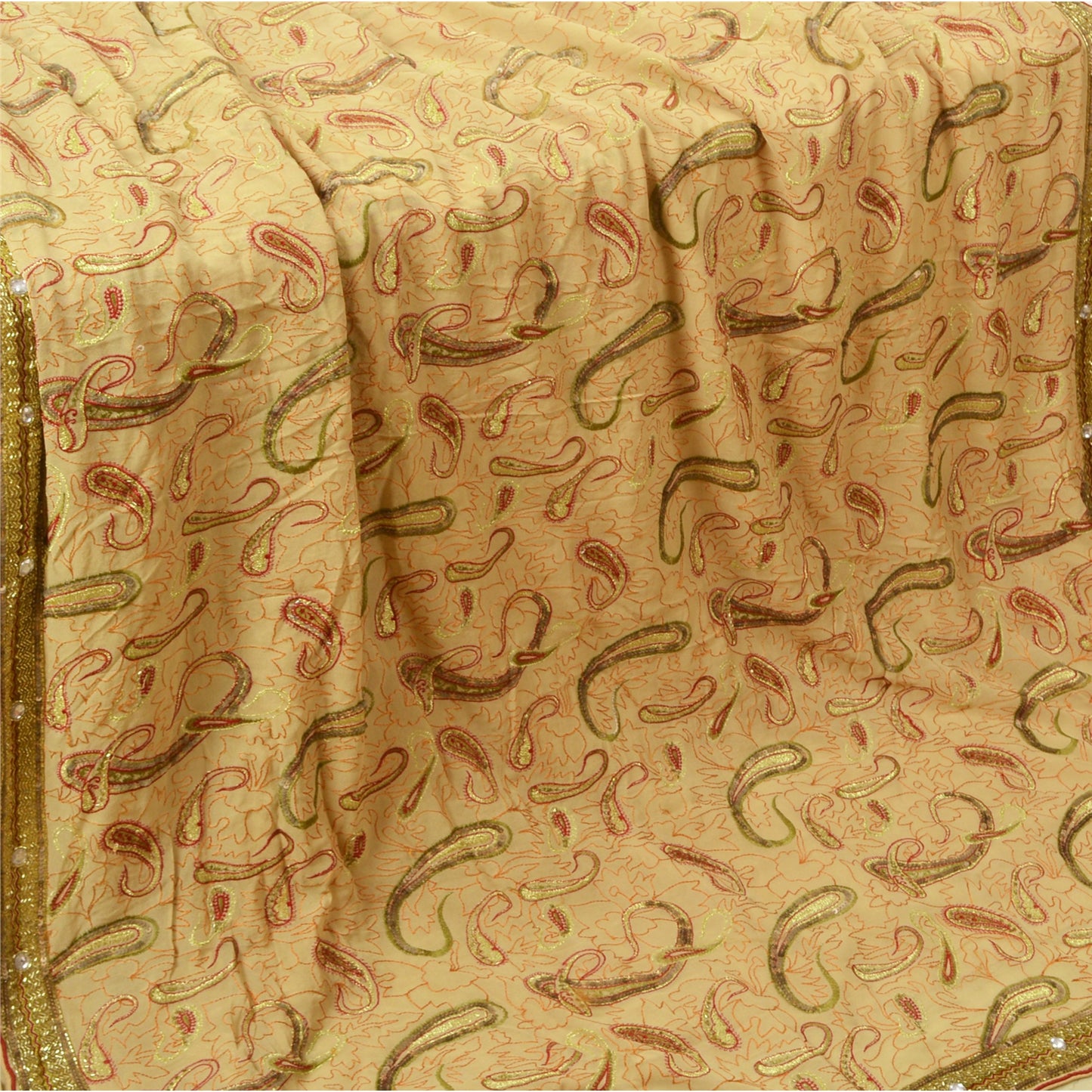 Sanskriti Vintage Cream Sarees 100% Pure Georgette Silk Hand Beaded Sari Sustainable Fabric